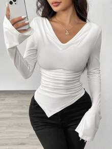 Airlisse Asymmetric Hem Asymmetrical Neck Knit T-Shirt Fall Cloth For Women - White - View 5