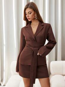 Chiquease Costum elegant pentru femei, culoare solidă, cu rever, mânecă lungă, cu nod în talie, sacou și fustă midi, toamnă - Maro - Vizualizare 6