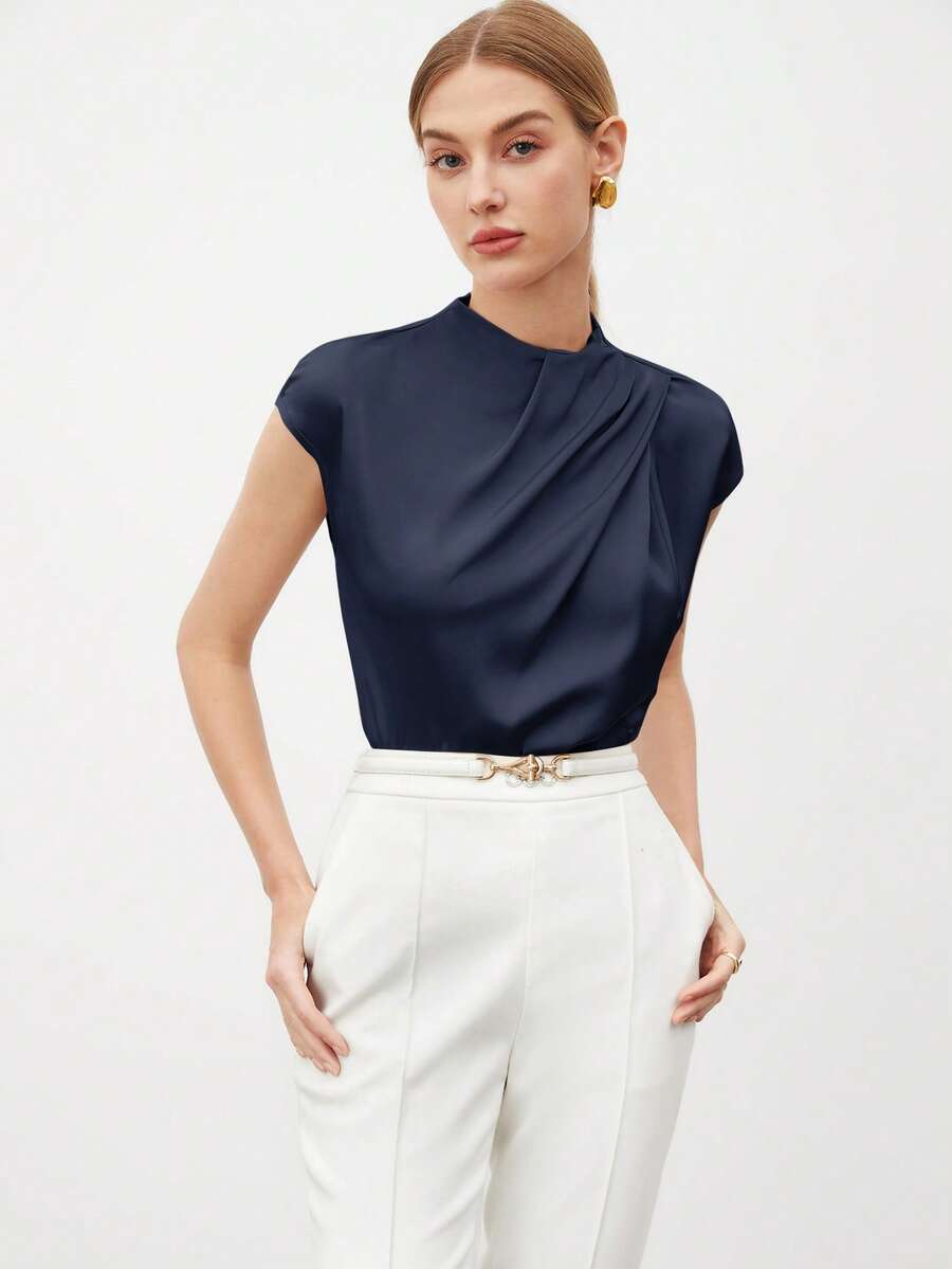 BizChic 2025秋冬新款灰蓝色不对称褶皱领小短袖女式衬衫，现代优雅时尚通勤商务休闲办公装，复古别致百搭浪漫，适合正式场合、派对、婚礼宾客、女主人、乡村音乐节、早午餐、机场、国庆节、新年、圣诞节、感恩节等休闲场合穿着。 - 藏蓝色 - 查看 1