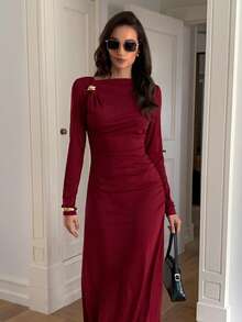Elyressa Gaun Musim Gugur yang Panjang, Elegan, dan Romantis untuk Wanita - Burgundy - View 4