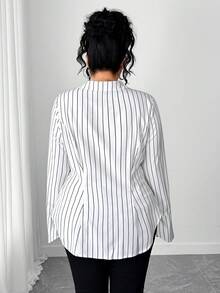 Elenzga Camisa a rayas elegante, casual y versátil para mujer de talla grande, adecuada para primavera y otoño - Blanco - Ver 2