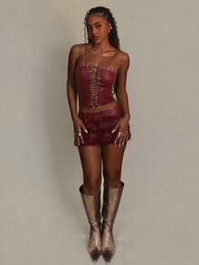 Amplova طقم ملابس علوية كورسيه بنمط جلد التمساح الصناعي وتنورة ضيقة فرائية قصيرة، مثير مكون من قطعتين للنساء - احمر خشبي - مشاهدة 13