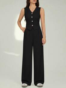 SHEIN Tall Women's Solid Color V-Neck Sleeveless Waisted Casual Suit, Summer In Fall/Winter - Black - View 3