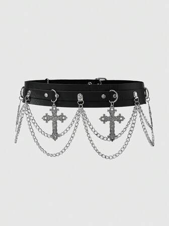 Grunge Punk 1 Stück Damengürtel & Hüftgürtel, schwarzer einlagiger Ketten-Kreuz-Dekor Goth-Stil Ketten-Taillengürtel, vielseitiges Accessoire für Kleider, Halloween