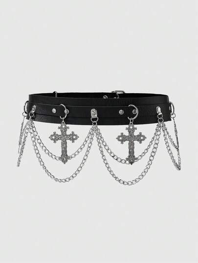 Grunge Punk 1pc Women's Chain Belt & Pants Belt, Black Single-Layer Chain Cross Decor Goth Style Chain Waist Belt, Versatile Accessory For Dress, Halloween