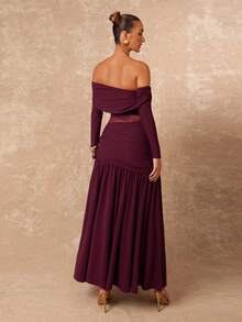 Lumalex Women's Burgundy Autumn Elegant Dining Dress,Asymmetrical Open Shoulder Long Sleeve Lace Patchwork Ruched Bodycon High Slit Formal Prom Party Gown - Burgundy - View 3