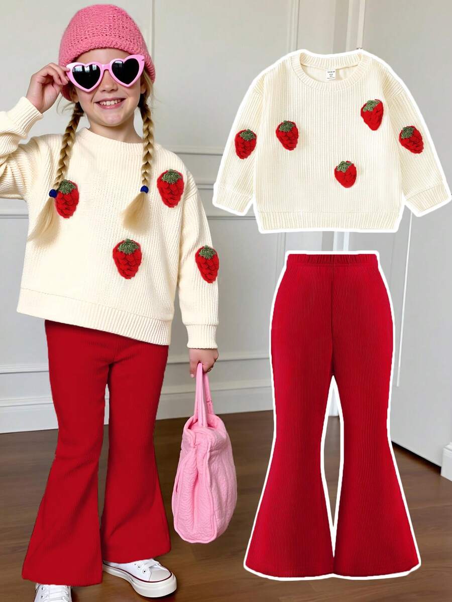 SHEIN Playful Pals Kleine Mädchen Lässig Süß Erdbeere Dekor Jacquard Strickoberteil und Kord Weite Hose Set, süß und niedlich, Herbst/Winter - Rot - Übersicht 1