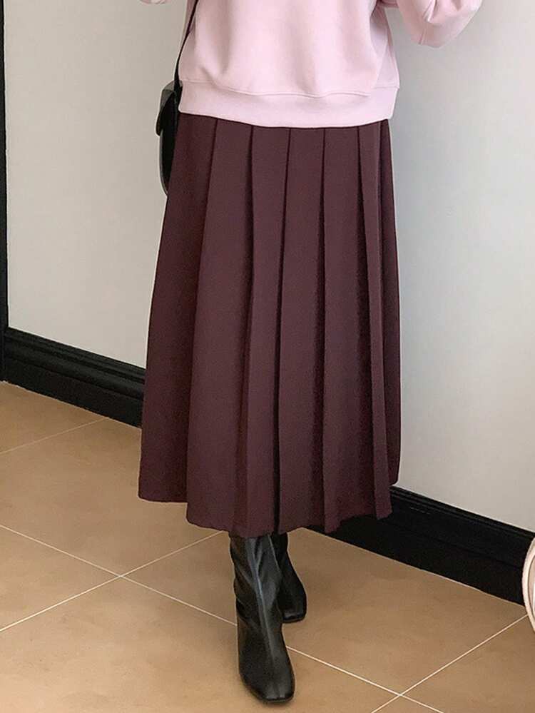 Vintage Pleated Crinkle Skirt, Elegant Casual A-Line Skirt For Women