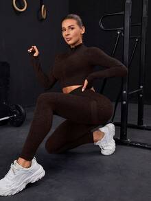 Powerista 无缝高弹力女士纯色拉链长袖上衣和紧身裤运动服套装 - 咖啡棕 - 查看 5