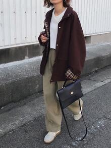 FRIFUL 女士撞色格纹翻领落肩长袖口袋拉链袖口翻边宽松休闲百搭常规外套，秋冬女式外套 - 中紫紅色 - 查看 5