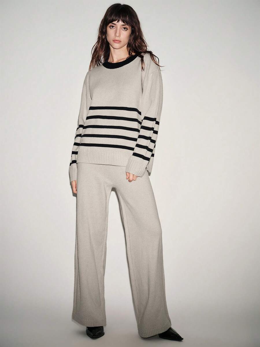 Lumivelle Conjunto de top de punto ajustado con rayas grises y pantalón de punto con cordón en la cintura, para otoño/invierno - Gris - Ver 1