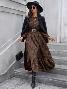 SHEIN LUNE فستان طويل أنيق للنساء بطبعة نمر على الياقة والأكمام الواسعة والذيل المتدرج، بتصميم خط A، مناسب للاستخدام اليومي والعمل، للخريف والشتاء