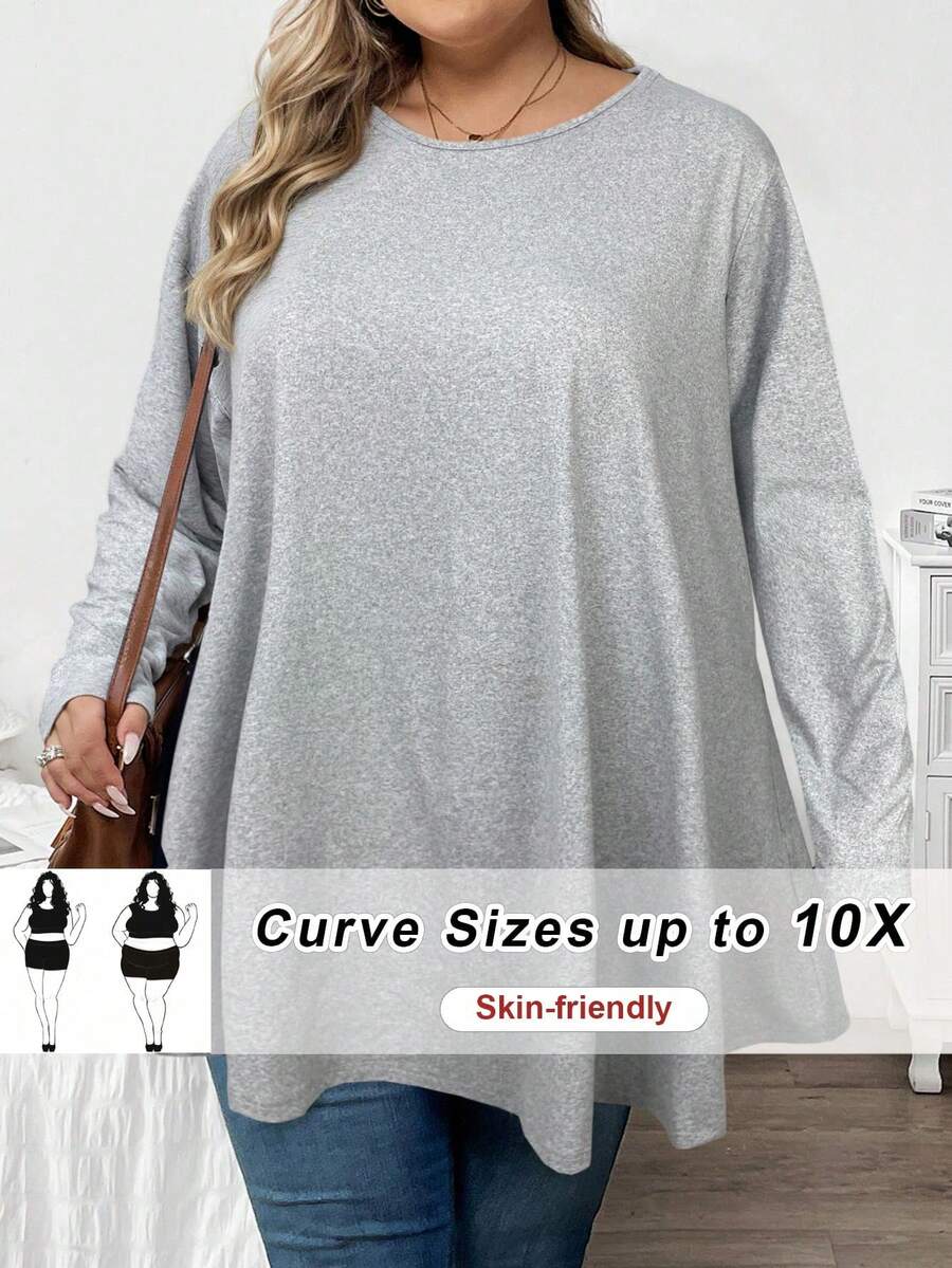 SHEIN CURVE+ 秋季大码纯色休闲长袖T恤 - 灰色 - 查看 1