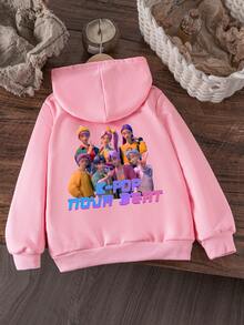 Young Girl Casual K-POP Cartoon Character Print Hooded Sweatshirt, Fashionable Street Style Pullover Sweatshirt Suitable For Autumn/Winter Outfits - Pink - View 4