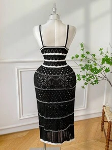 GalTyme Plus Size Casual Colorblock Striped Knit Cami Dress - Black - View 3