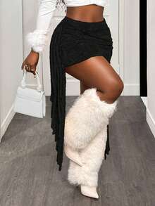 BamGleam 女式纯色荷叶边褶皱蓬松休闲流苏裙 - 黑色 - 查看 4