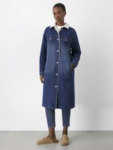 Maija Women's Blue Extended Denim Jacket, Lambswool Long Coat, Classic Winter Warm Wear