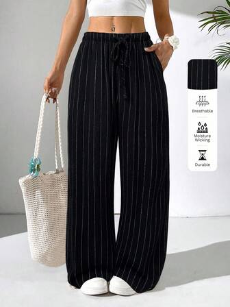 SHEIN EZwear CURVE Plus Size Black Linen Casual Pants, Vacation Style, Spring/Fall,Fall Clothes For Women Black Pinstripe Pants