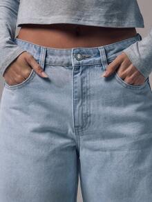 MUSERA Mid Waist Baggy Fit Light Blue Wash Silver Button Detail Denim Jeans Mid Rise Casual Winter Night Out Back To School Office Work Date Night Core Denim Chic Spring Summer - Baby Blue - View 2