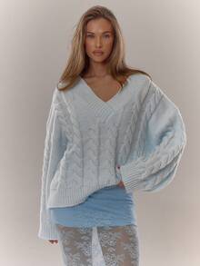 MUSERA Cable Knit V Neck Drop Shoulder Jumper Everyday Cosy Winter Blue And Brown - Baby Blue - View 5