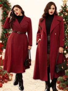 SHEIN Clasi New Minimalist Plus Size Women Woolen Overcoat, Suitable For Commuting, Party, Elegant, Christmas, Halloween - Red - View 4