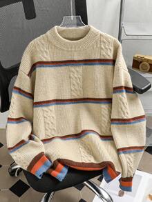 Jersey de punto básico con textura y contraste de color a rayas, jersey grueso de estilo coreano casual para niño y niña, otoño/invierno - Albaricoque - Ver 1