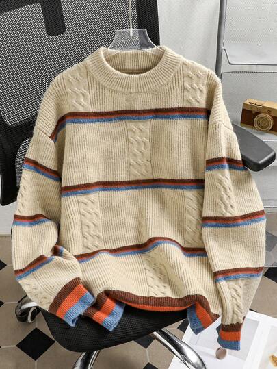 Randig kontrastfärgad, texturerad pullovertröja, avslappnad koreansk stil, tjock stickad tröja för pojke och flicka, höst/vinter