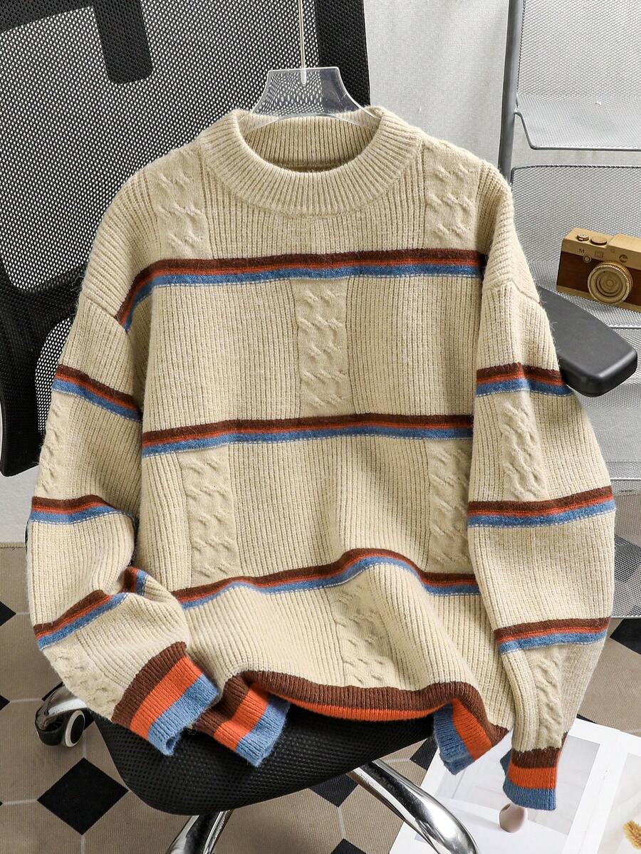 Jersey de punto básico con textura y contraste de color a rayas, jersey grueso de estilo coreano casual para niño y niña, otoño/invierno - Albaricoque - Ver 1