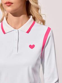 CourtClass CourtClass 女式拼色心形印花长袖 Polo 领修身休闲运动网球 Polo 衫，适合所有季节 - 白色 - 查看 5
