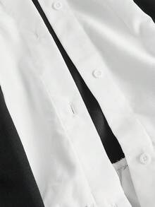 SHEIN CURVE+ Áo khoác vest nữ cỡ lớn 2 trong 1 màu đen, tay dài, có bèo nhún, kiểu dáng ôm eo, thích hợp mặc mùa đông, dự tiệc, công sở, trang phục thanh lịch, váy đen sang trọng, trang phục sinh viên/mùa thu/mùa đông. - Đen và trắng - Xem 5