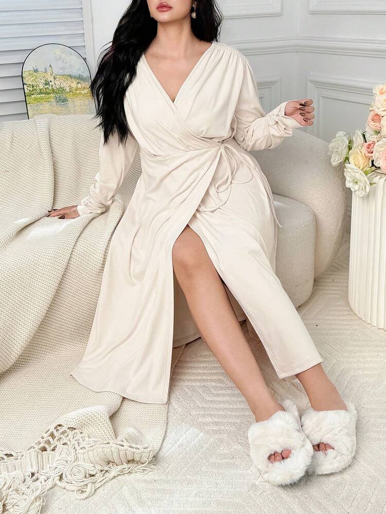 Dazy Plus Plus Size Women Elegant Tie-Waist Long Sleeve Nightgown, Comfortable Long Sleepwear For Spring & Autumn, Winter