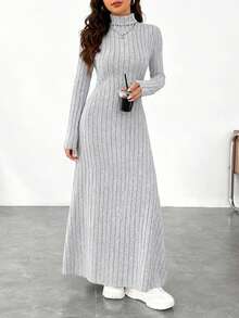 少女休闲罗纹高领长裙，百搭秋冬装 - 灰色 - 查看 3
