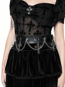 ROMWE Goth 1 件女士链条腰带和裤腰带，黑色单层链条十字装饰哥特风格链条腰带，百搭连衣裙配饰，万圣节 - 黑色單層十字架 - 查看 6