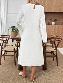 EMERY ROSE 女式纯色圆领长袖侧扣设计休闲中长连衣裙 - 白色 - 查看 4