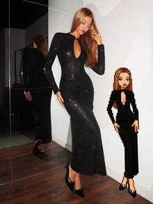 EgrlEra Women's Sexy Deep V-Neck Long Sleeve Solid Color Ruffle Maxi Dress