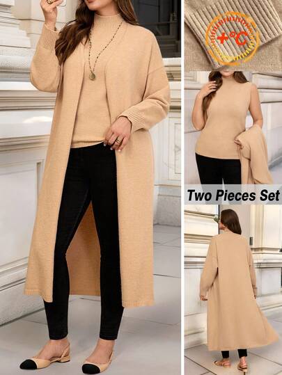 EMERY ROSE Plus Size Women Autumn/Winter High Neck Sleeveless Knit Top And Long Cardigan Sweater Set Plus Size Fall Clothing Plus Size Women Clothes Set Plus Size Sweater,Women's Winter Sweater ,Elegant  Party Outfit Cozy Fall And Winter Clothes For Women New Year Look Maija Fall Winter 2025 Fall/Winter Party Elegant Dress Women