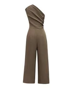 Cévolie 女士纯色翻领长袖外套和褶裥无袖连体裤优雅两件套，秋季 - 棕色 - 查看 4