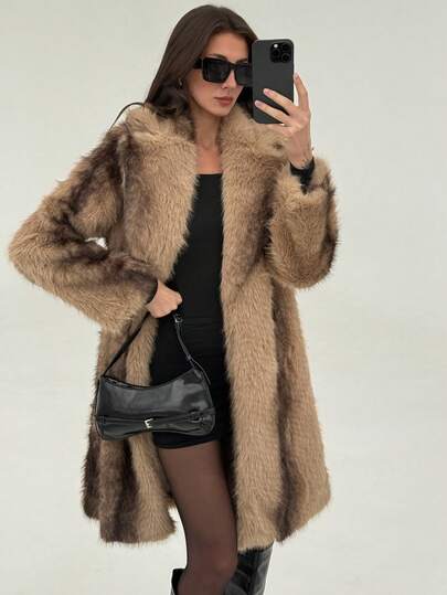 Aloruh 女士中长款宽松纹理仿皮草大衣