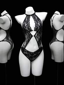 SHEIN Seksowny, koronkowy, patchworkowy, przezroczysty kombinezon bez rękawów z wycięciami, zły wygląd