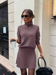 SHEIN Clasi 女式纯色简约长袖高领毛衣和裙子两件套，日常穿着 - 紫羅蘭色 - 查看 6