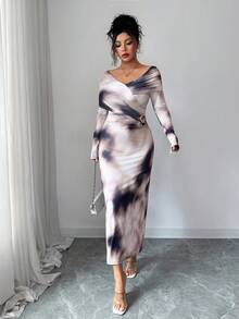 Modelyn Vestido de Manga Longa com Design Ombré Metalizado e Franzido para Mulheres - Castanho - Visão 5
