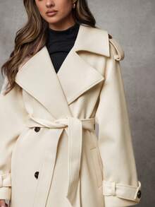 SHEIN BAE Women Burgundy Color Long Sleeve Simple Front Button Longline Overcoat, Casual Everyday Wear Vintage Burgundy Long Woolen Coat, Warm And Thickened In Winter Hollowed Costumes Thanksgiving Women Halloween Women Costumes Winter Long Women Coat - Beige - View 5