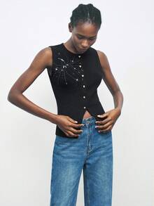 Maija 女士串珠设计圆领单排扣无袖针织上衣黑色水钻装饰上衣女士上衣黑色背心女士，女士冬季毛衣，冬季，秋季女士，万圣节服装，万圣节角色扮演，蜘蛛管状串珠刺绣，派对，派对上衣，亮片毛衣，黑色 - 黑色 - 查看 6