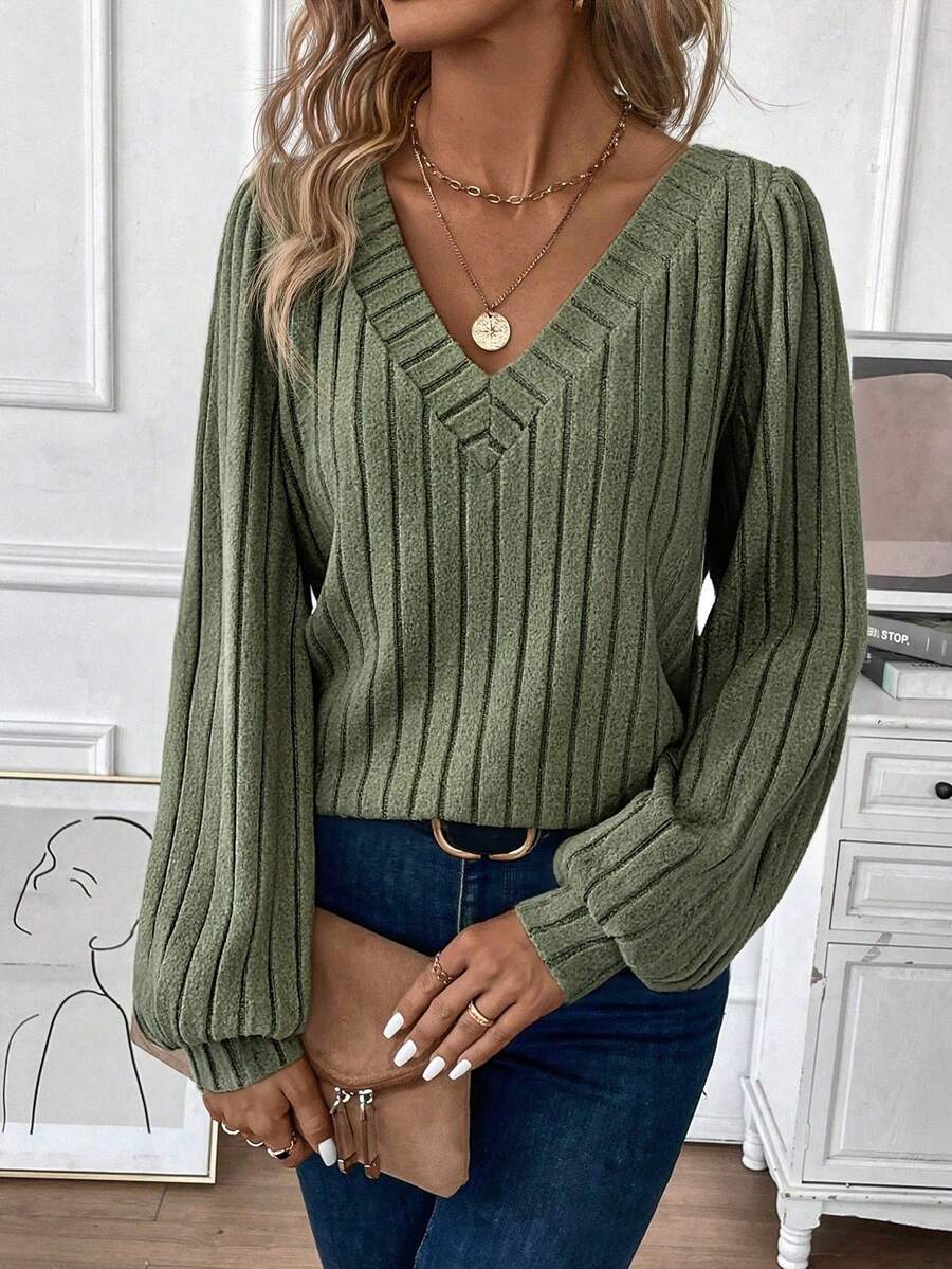 SHEIN LUNE Koszulka z długim rękawem i dekoltem w serek, w jednolitym kolorze, prążkowana