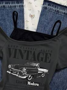 Attitoon Vintage Car Graphic Casual Colorblock Short Sleeve T-Shirt For Women - Dark Grey - View 6