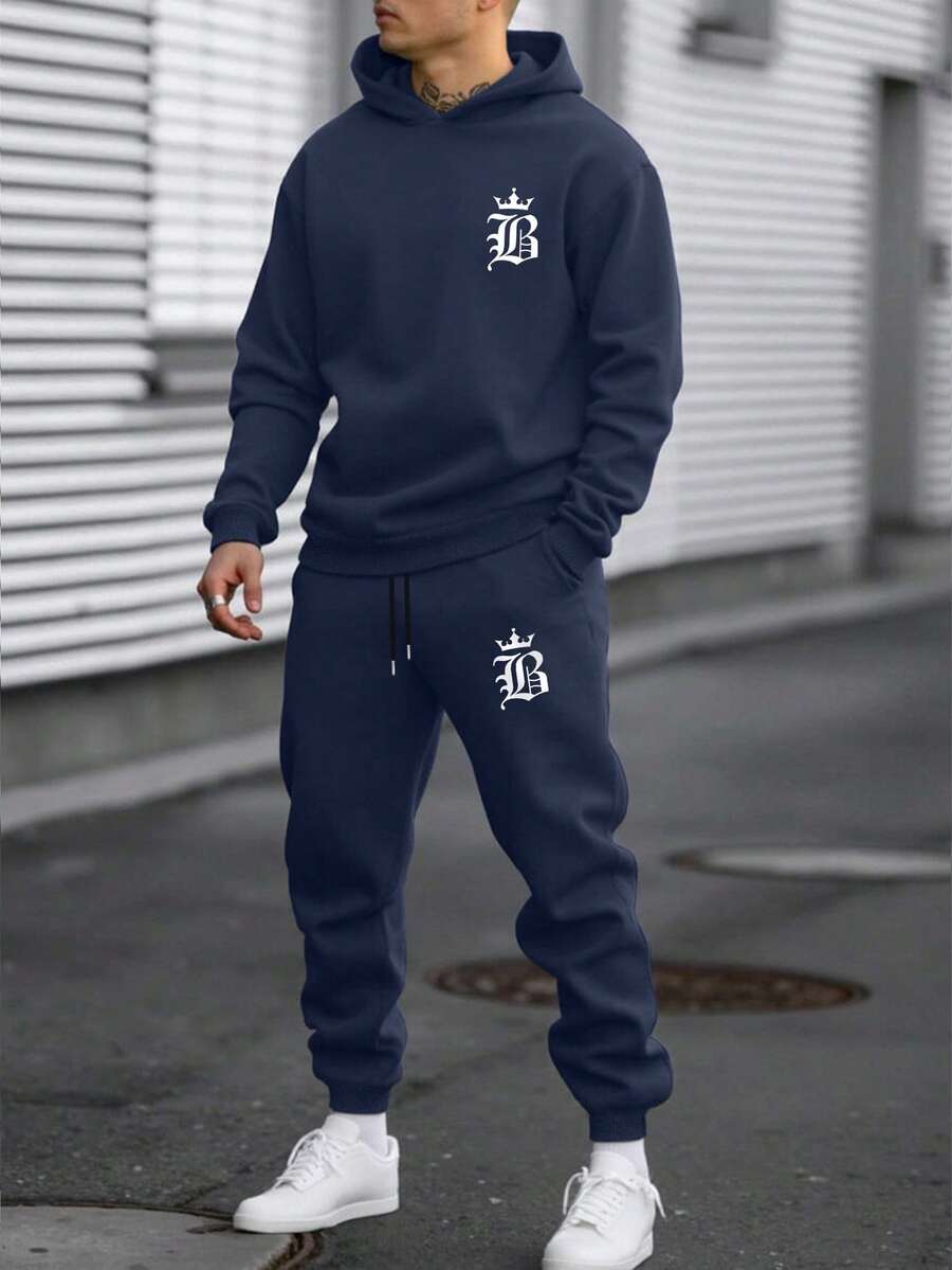 Manfinity Homme 男士皇冠字母B印花休闲卫衣和运动裤两件套，秋季舒适秋冬装，长袖上衣，圣诞礼物，保暖连帽衫和裤子 - 藏蓝色 - 查看 1