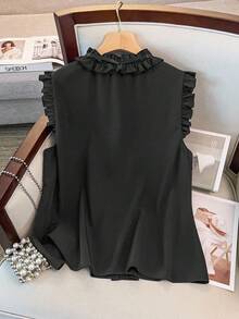 Franclia Damen Bluse in Große Größen mit rundem Ausschnitt, Rüschenkragen, ärmellos, Knopfleiste, elegant, vintage, süß, Lässig, figurbetont - Schwarz - Übersicht 2