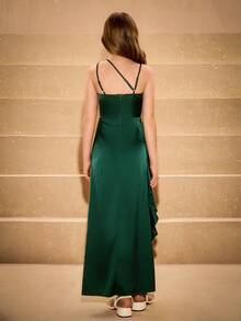 Elegant Fitted One Shoulder Slit Ruffle Hem Dress For Girls, Suitable For Wedding, Prom, Birthday Party, Christmas, Halloween, Back To School, Graduation - Dark Green - View 3