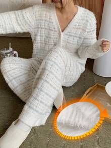 DAZY 格子图案宽松长袖针织上衣和裤子两件套睡衣，女士秋冬保暖舒适睡衣
