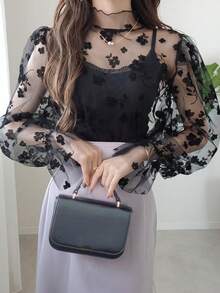 FRIFUL 女士优雅高领花卉网眼透明衬衫，带荷叶边袖子，适合春夏秋季长袖上衣 - 黑色 - 查看 4